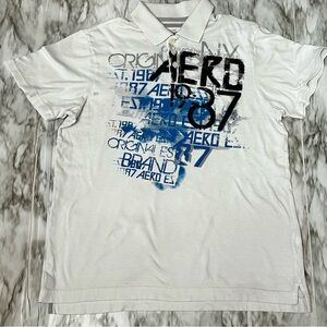 Aeropostale White and Blue Polo Shirt with Urban Graphics Vintage Vibes Y2K